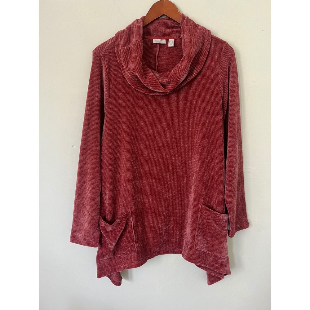 LOGO Lori Goldstein Rust Corduroy Velvet Cowl Neck Tunic Top Large boho